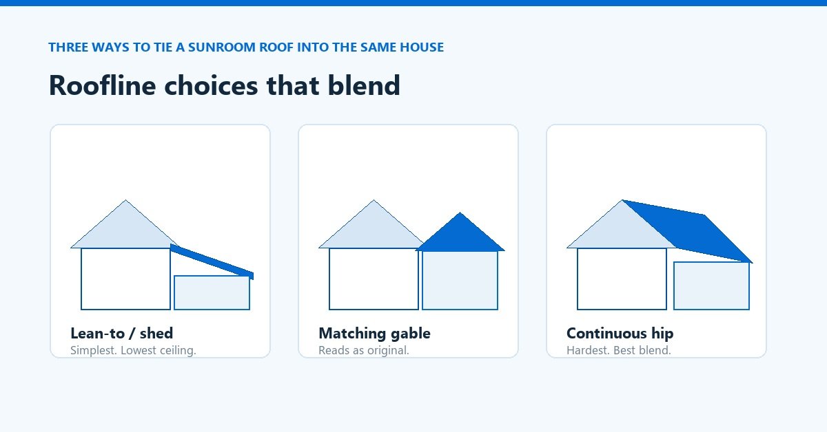 Three roofline options for a sunroom addition shown against the same existing house profile.