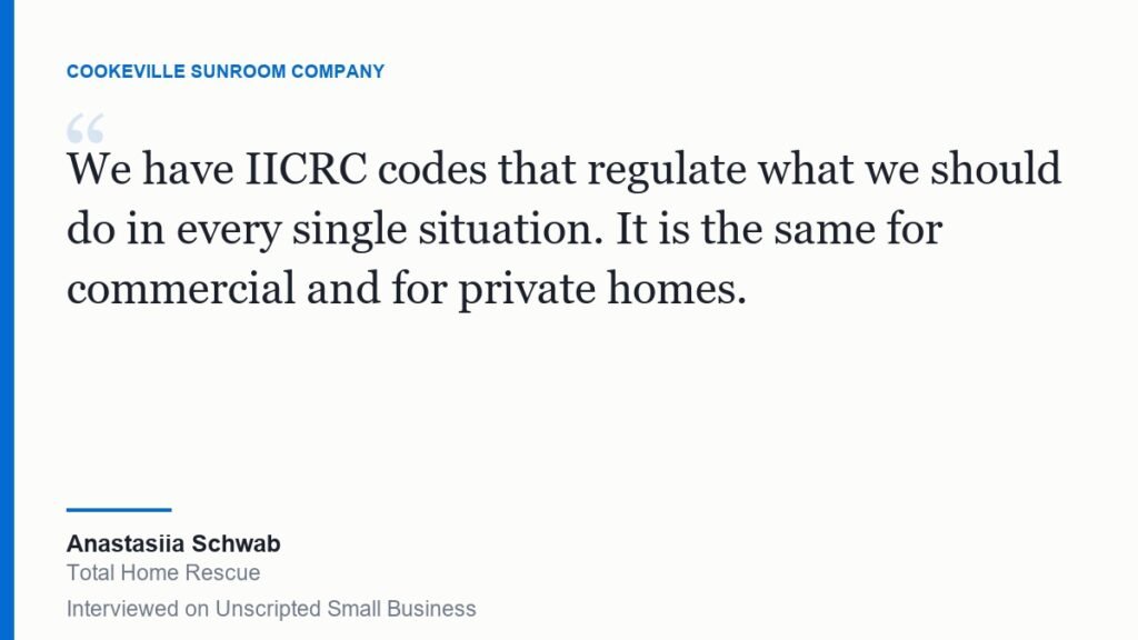 Quote card: Anastasiia Schwab explaining that IICRC codes regulate mold remediation identically for commercial and private homes